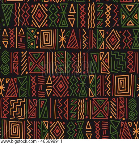 African Ethnic Tribal Clash Ornament Seamless Pattern Background. Simple Hand Drawn Symbols Backgrou