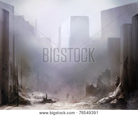 Illustration of a world war 2 daylight battle scene with soldiers and destroyed buildings background.