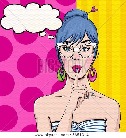 Pop Art illustration of girl with the speech bubble.Pop Art girl. Party invitation. B