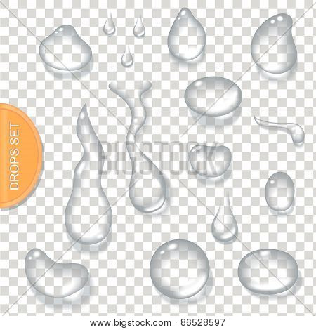 Pure clear water drops Realistic isolated set . Vector illustration