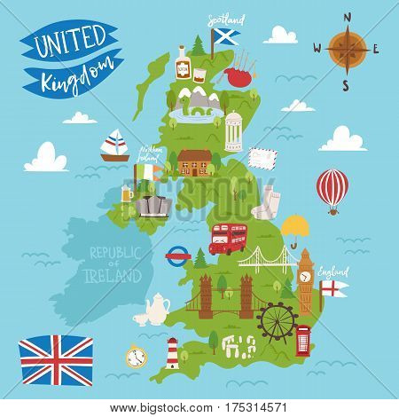 United kingdom great britain map travel city tourism transportation on blue ocean europe cartography and national landmark england famous flag vector illustration. Traditional geography symbols.