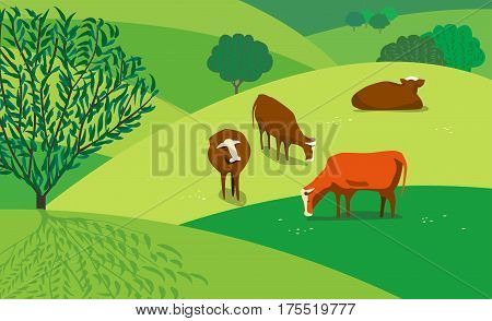 Green landscape. Freehand drawn cartoon outdoors style. Farming herd of brown cows on spring blooming meadow. Rural scene view with green grass on hills, fields, trees. Vector countryside background