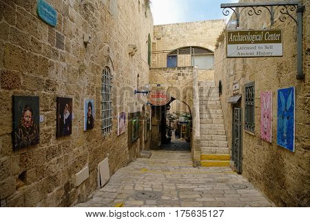 Jaffa, Israel- December 9, 2010: Unique art and antique galleries at narrow streets Old Jaffa.