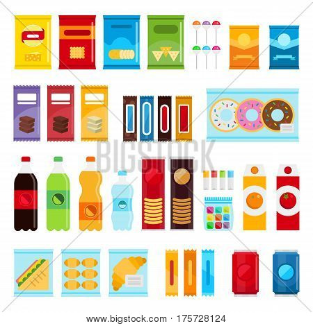 Vending machine product items set. Vector flat illustration. Food and drinks design elements isolated on white background. Fast food snacks and drinks flat icons. Snack pack set stock vector design