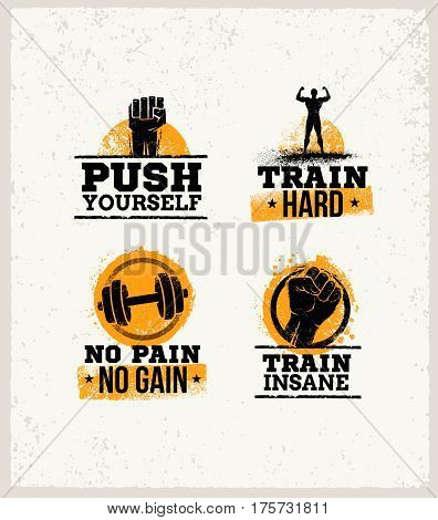 Strong Fitness Gym Workout Motivation Design Elements. Sport Fit Sign Vector On Rough Background.