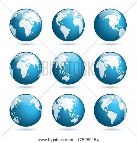 Earth globe. World map set. Planet with continents.Africa Asia, Australia, Europe, North America and South America.