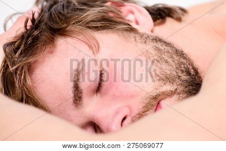 Healthy Sleep Habits. Man Unshaven Bearded Face Sleep Bed. Time For Nap. Sleep And Relax Concept. Ma