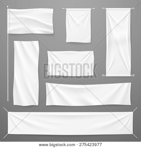 White Textile Advertising Banners. Blank Fabric Cloths Hanging On Rope. Folded Empty Cotton Stretche