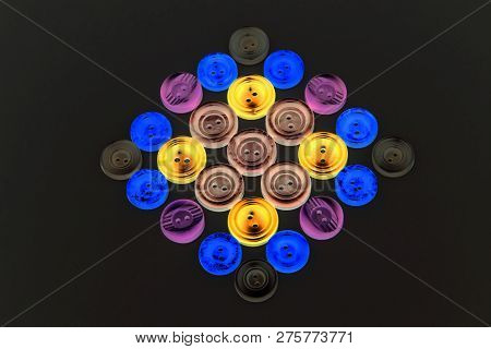 Collection Of Different Buttons For Clothes Repair. Abstraction. Illustration. Set Of Colored Button