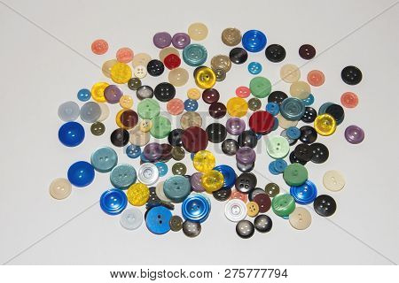 Collection Of Various Buttons For Clothes Repair. Set Of Colored Buttons. Isolated.