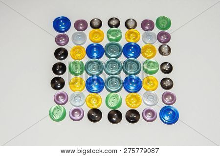 Collection Of Various Buttons For Clothes Repair. Set Of Colored Buttons. Isolated.