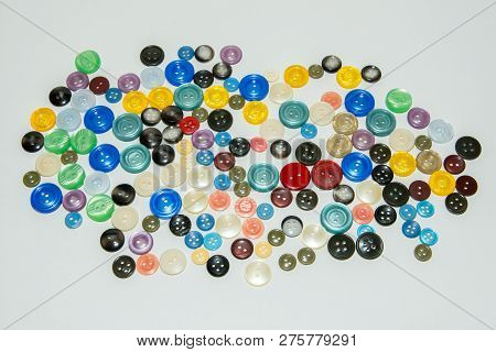 Collection Of Various Buttons For Clothes Repair. Set Of Colored Buttons. Isolated.