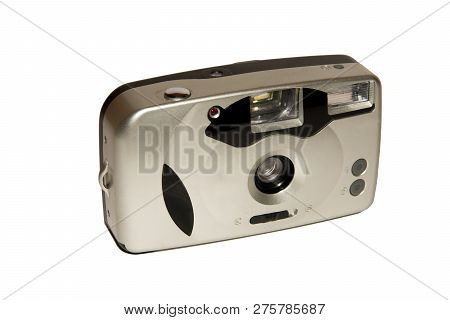 Retro Camera. Film Camera. Outdated Technical Model. On White Background. Isolated.