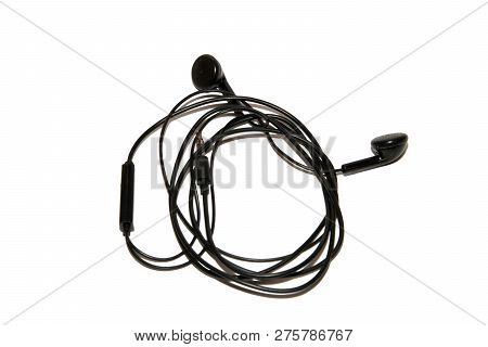 Wired Headphones. Realistic Black Headphones Music Accessories Isolated On White Background.