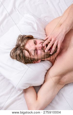 Bearded Man Sleeping Face Relaxing On Pillow. Man Handsome Guy Lay In Bed. Expert Tips On Sleeping B