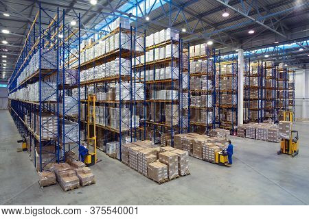 St. Petersburg, Russia - November 21, 2008: Top View Of A Large Warehouse With Adjustable Pallet Rac