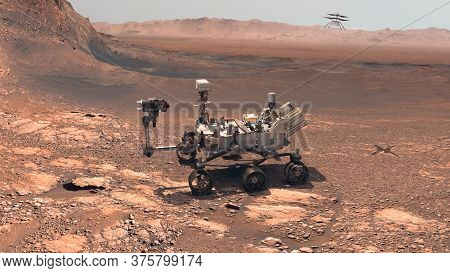 Mars. The Perseverance Rover Deploys Its Equipment Against The Backdrop Of A True Martian Landscape.