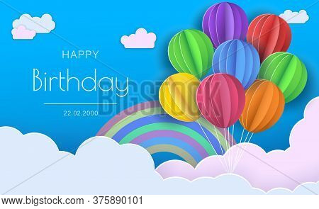 Origami Happy Birthday Greeting card.  Happy birthday illustration, Happy birthday banner, Happy birthday background, Happy birthday card.  Flying Paper cut balloons. Colorful decoration for party, celebration, banner, card, gift. Vector Illustration.