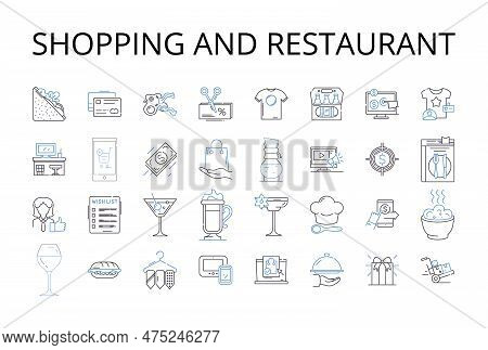 Shopping And Restaurant Line Icons Collection. Retail Therapy, Eating Out, Grocery Shopping, Dining,