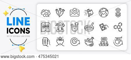 Pay Money, Online Auction And Approved Mail Line Icons Set For App Include Yoga Mind, Inventory Cart