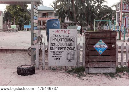 Caye Caulker, Belize - November 02, 2019: Caye Caulker Island In Caribbean Sea. Sandy Street With Dr