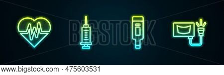 Set Line Heart Rate, Syringe, Digital Thermometer And Ultrasound. Glowing Neon Icon. Vector