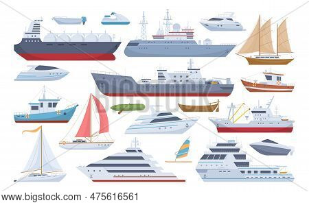 Cartoon Sea Ships, Boats, Yacht And Cargo Ship. Fishing Boats, Travel Cruise And Speed Boat, Water T