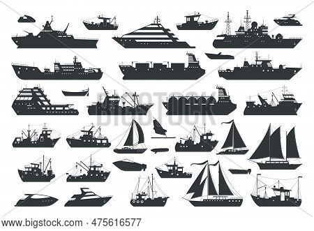 Cartoon Ships, Sea Travel Boats And Sailboats Silhouettes. Industrial And Commercial Sailing Ships,