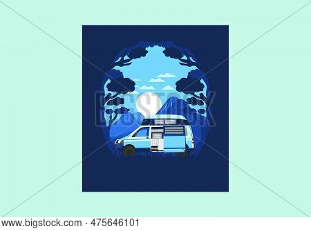 Colorful Illustration Badge Design Of Campervan In Nature