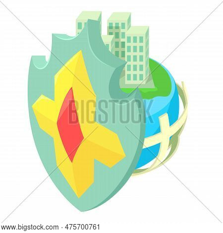 Crusader Shield Icon Isometric Vector. Crusader Shield On Globe Grid Background. Protection Concept,