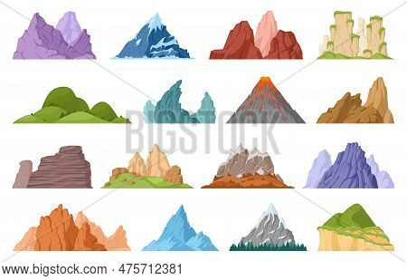 Cartoon Mountain Peak, Green Hills And Glacier Mountain. Nature Landscape Mountain Peaks, Hill Top A