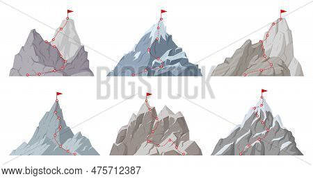 Cartoon Mountain Peak Route, Hiking Trip To Mountains Top. Rocky Range Climbing Progress, Dotted Rou