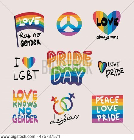 Lgbtq Pride Parade Set. Vector Illustration Of A Gay Pride Parade. A Group Of People Participating I