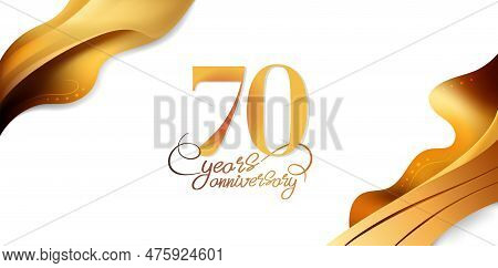 70 Years Anniversary Vector Icon, Logo. Isolated Elegant Design With Lettering, Wavy Ribbon And Numb