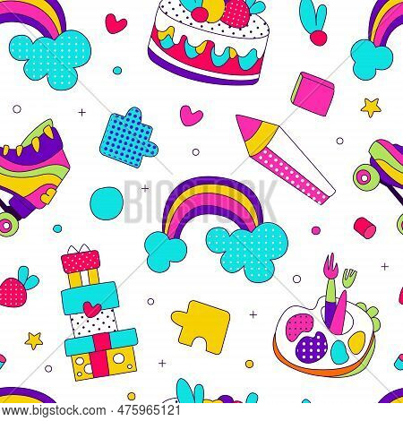 Seamless Pattern With Rainbow, Pencil, Cake. Kids Club, Childish Decor Repeating Background, Textile