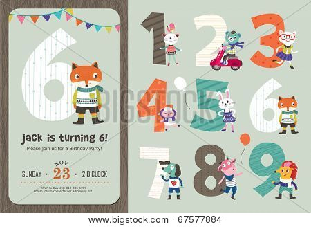 Birthday Anniversary Numbers with Cute Animals & Birthday Party Invitation Card Template