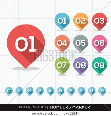 Numbers Pin Marker Flat Icons With Long Shadow Set For Gps Or Map