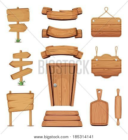 Vector illustration of wooden signboards, doors, plates and other different shapes with wood texture. Wooden board and door, signboard and wooden banner plank