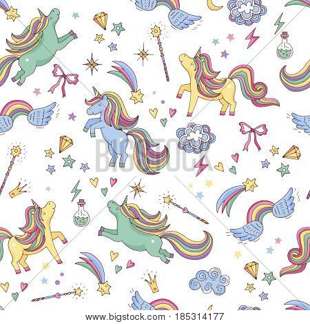 Vector seamless pattern of unicorn, clouds, rainbow and magic wand. Background with rainbow and character unicorn, illustration of dream myth magic unicorn