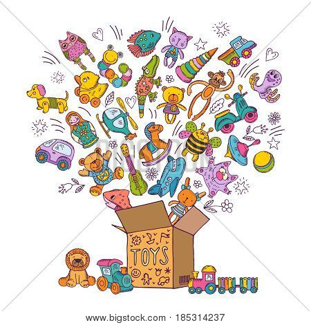 Childrens box for toys. Doodle pictures vector illustration. Children toys collection, color kids toys in box