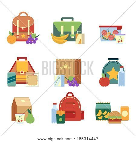 Lunch box and bag with healthy food for kids. Vector illustrations in flat style. Pictures isolate on white background. Lunch bag of set, snack and drink for lunch