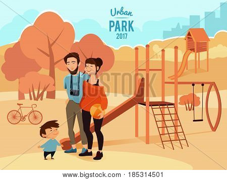 People relax and walking in urban park. Vector illustration. Happy family in park, outdoor rest with family