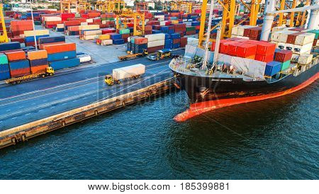 container ship in import export and business logistic.By crane Trade Port Shipping.cargo to harbor.Aerial view.Water transport.International.Shell Marine.Top view.