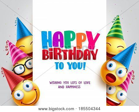 Happy birthday vector design with smileys wearing birthday hat in white empty space for message and text for party and celebration. Vector illustration.