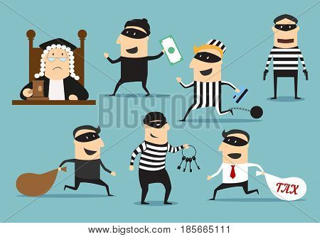 Crime and punishment. Vector thief man characters and judge with gavel for theft or robbery concept. Set of robber burglars with guns in masks stealing money, taxes, credit cards, door keys