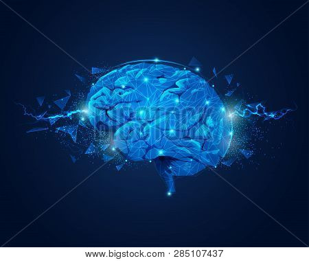 Concept Of Brain Power, Graphic Of Brain With Lightning And Broken Polygon Element