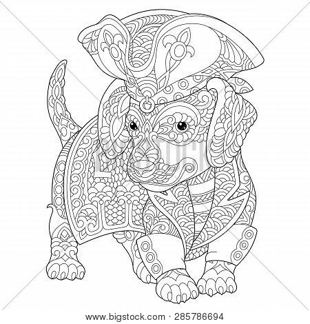 Coloring Page. Coloring Book. Anti Stress Colouring Picture With Dachshund Dog. Freehand Sketch Draw