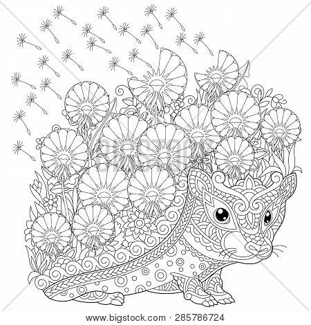 Zentangle Coloring Page. Colouring Picture With Hedgehog And Spring Flowers. Freehand Sketch Drawing