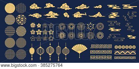 Chinese Elements. Asian New Year Gold Decorative Patterns And Lanterns, Flowers, Clouds And Ornament