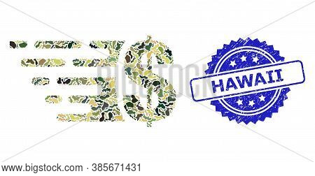 Military Camouflage Collage Of Dollar, And Hawaii Textured Rosette Seal Print. Blue Seal Has Hawaii 